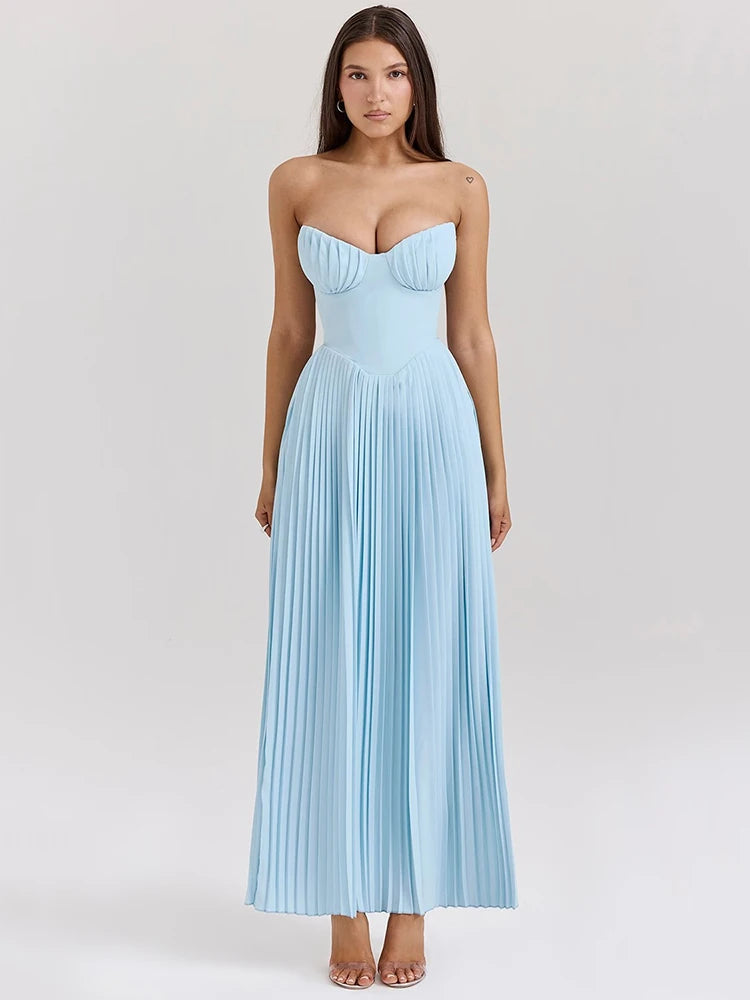 Mozision Off-shoulder Backless Pleated Maxi Dress For Women Fashion Strapless Sleeveless High Waist Bodycon Sexy Long Dress