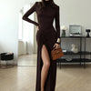 Mozision Turtleneck Thigh High Split Sexy Maxi Dress For Women Fashion Long Sleeve Draped Bandage Bodycon Club Long Dress