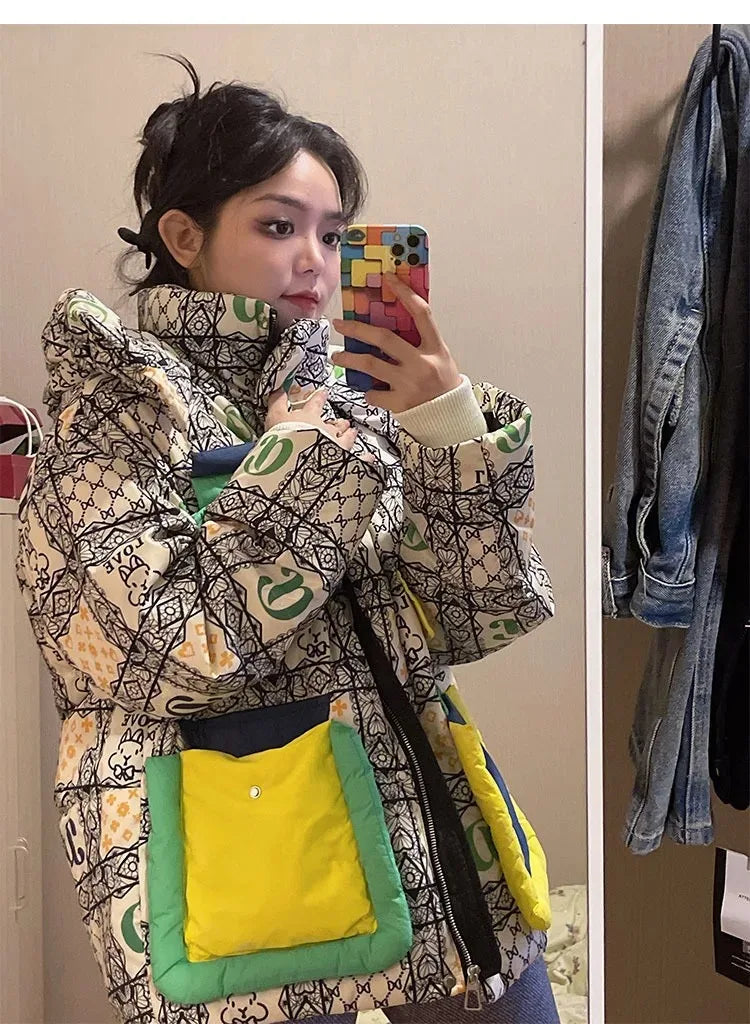 2023 European Station Winter New Down Jacket Women's Warm Fashion Short Color Patchwork Graffiti thick White Duck Down Coa