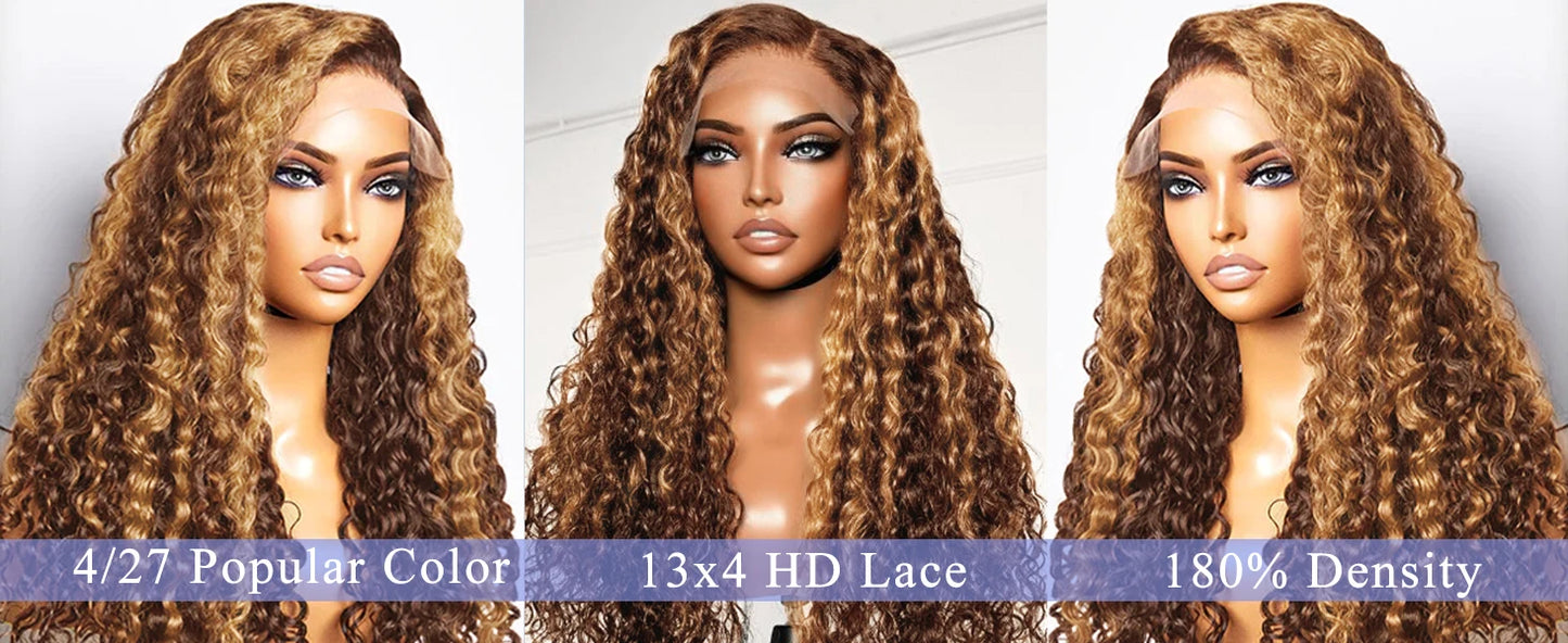 30 34 Inch Highlight Ombre Lace Front Wig Curly Human Hair Wigs Honey Blonde Colored HD Deep Wave Frontal Wigs For Black Women