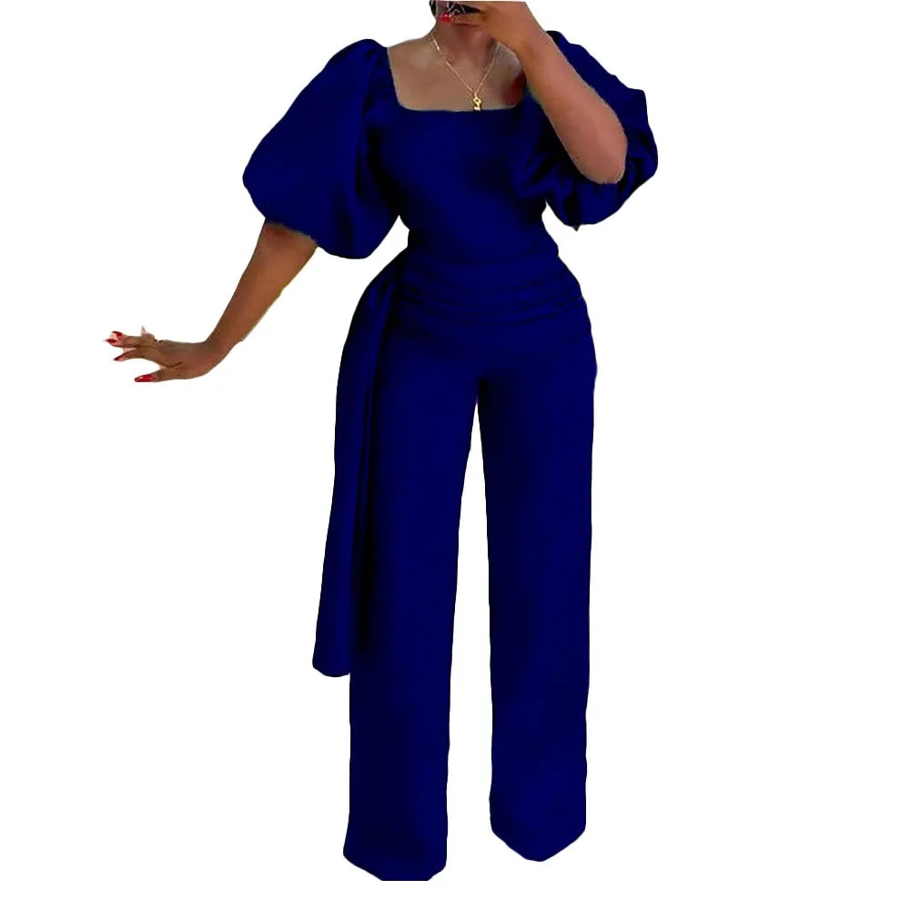 Elegant Jumpsuits for Women Luxury Square Neck Lantern Sleeve Big Swing Straight Female Birthday Party Dinner Outfits Overalls