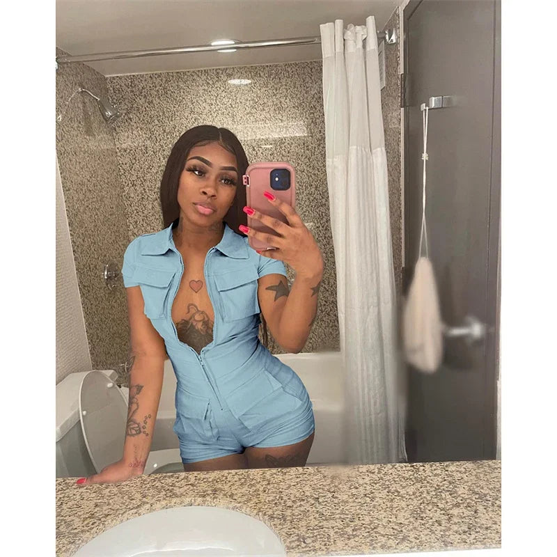 Streetwear Zipper Pockets Shorts Jumpsuit Women Clothing Short Sleeve Skinny Cargo Playsuit Summer Casual One Pieces Romper