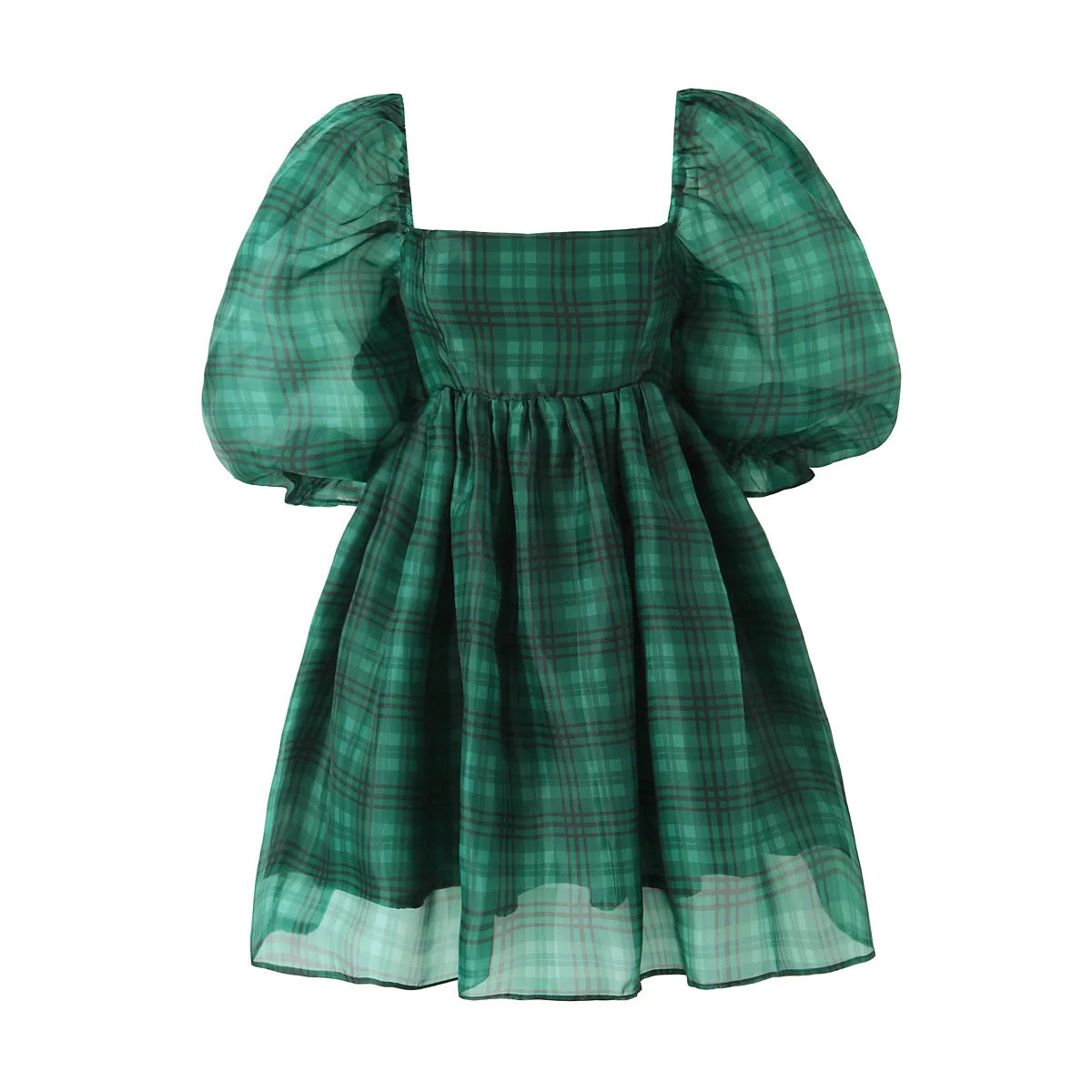 2024 Sweet Green Gingham Plaid Organza Ball Gown Dress Puff Sleeve Retro Women Swing Short Princess Robe Fairy Cake Vestidos