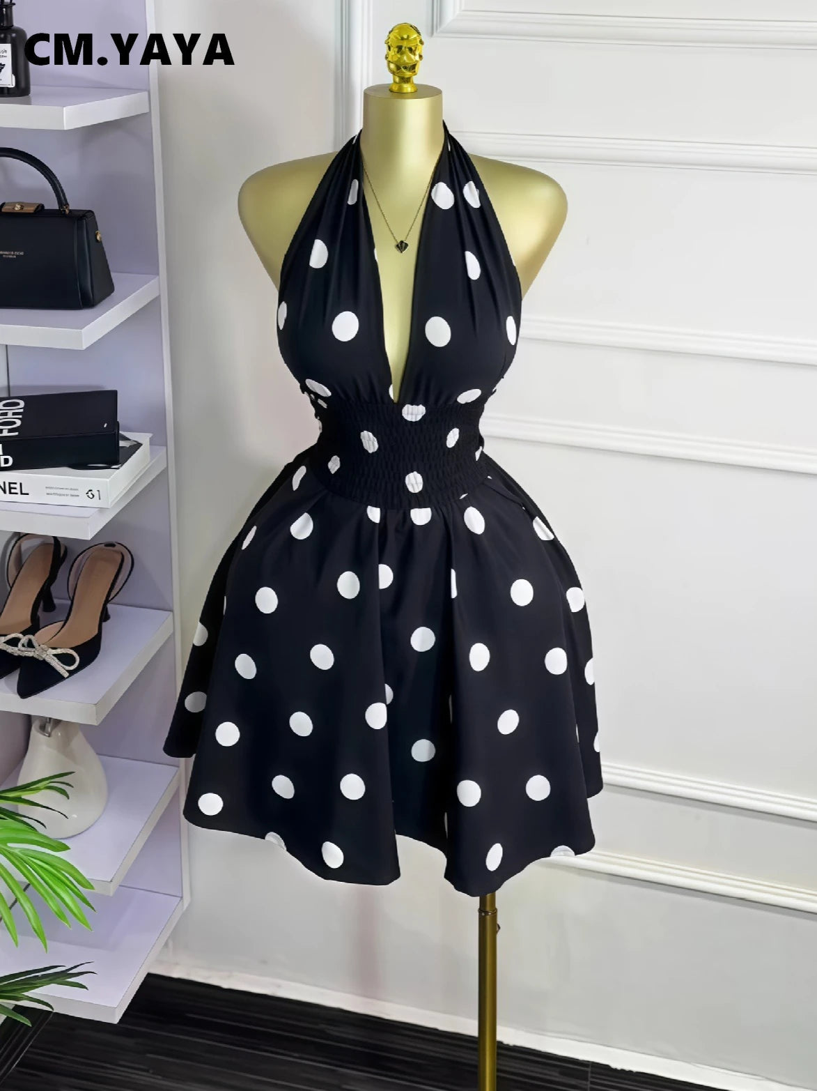 CM.YAYA Women Dot Printed Sleeveless Halter V-neck Big Swing A-line Mini Dress 2025 Summer Vacation Sexy Party Evening Dresses