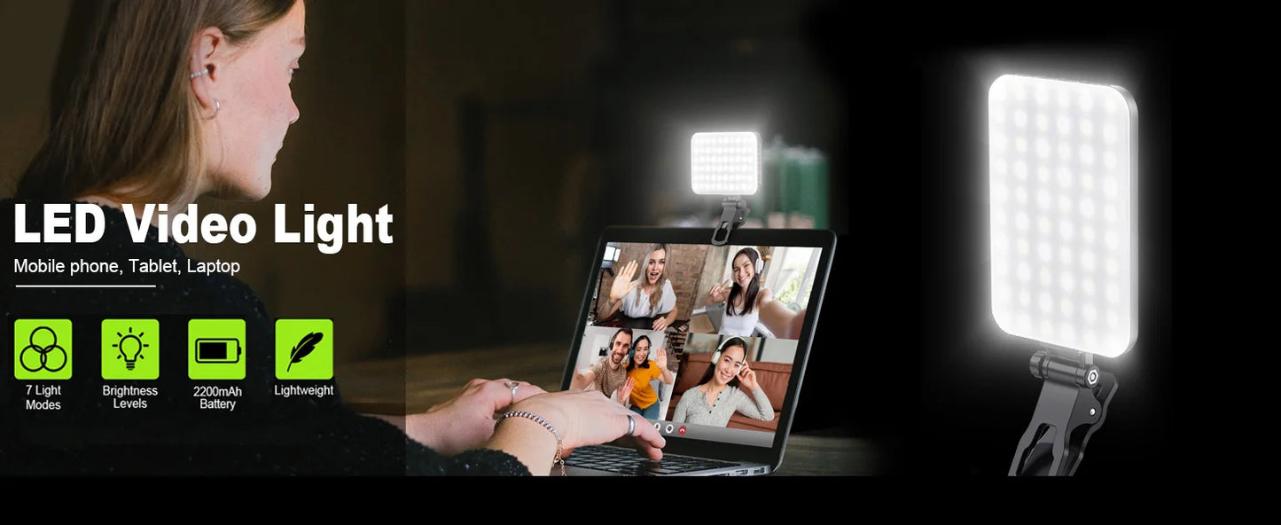 LED Selfie Light 60 High-quality LED Beads 2200mAh Rechargeable CRI 97+, 7 Light Modes Portable on Light for Phone/Tablet/Laptop