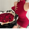 Summer Sexy High Neck Tight Dress Oversleeve Pleated Bottom Wrapped Hip Dress Women Bodycon