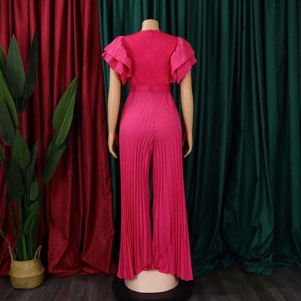 Elegant Pleated Jumpsuits & Rompers for Women V Neck Ruffles Belt Waisted High Waisted Floor Length Luxury Birthday Party Outfit