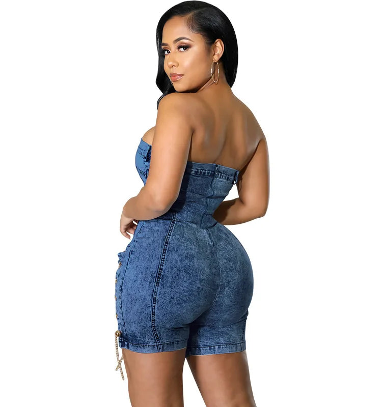 Rompers Women One Piece Elegant Splice Denim Jumpsuits Sexy Slim Fit Strapless Sleeveless Short Pants Sheath Playsuits