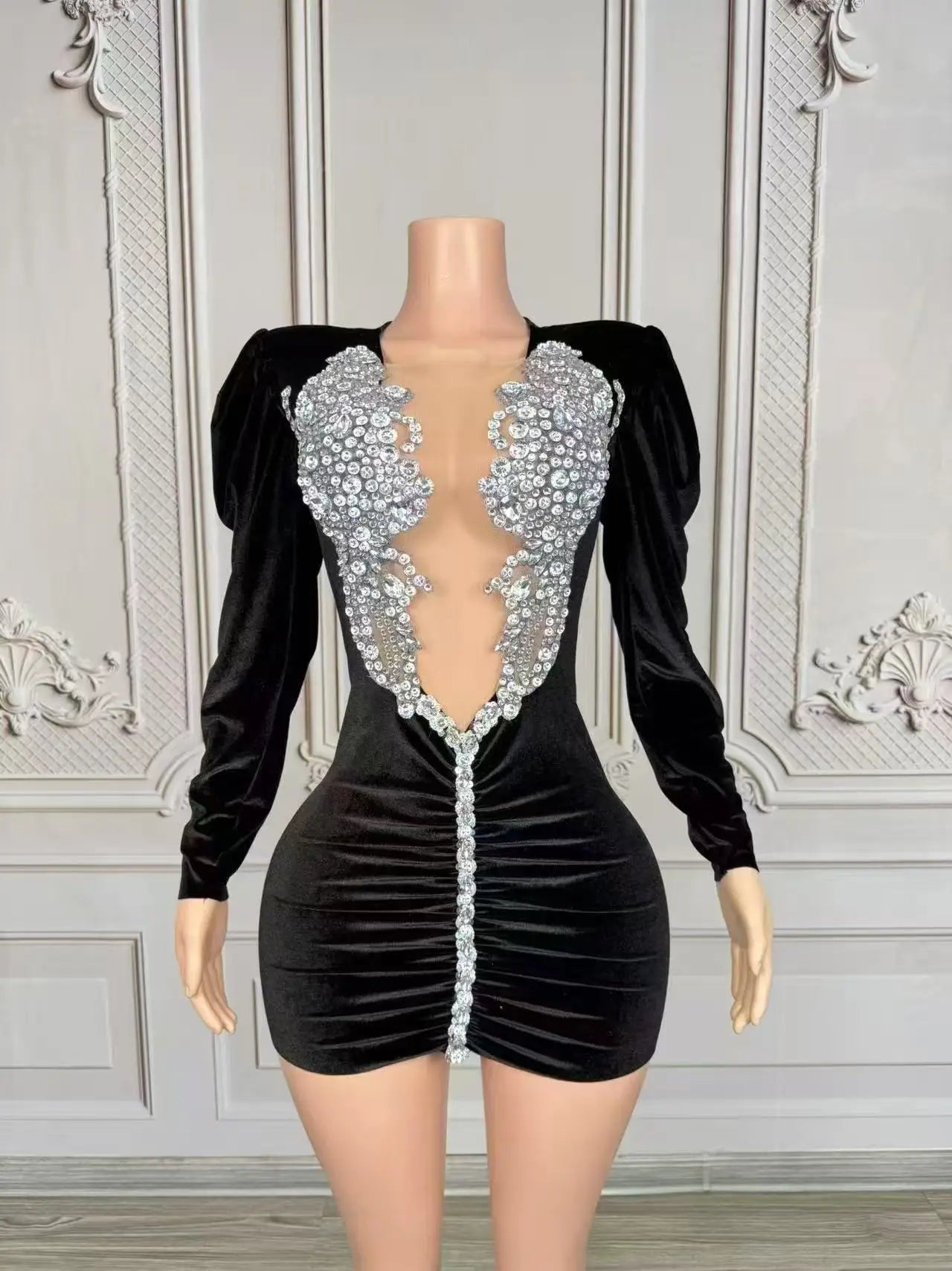Luxury Sparkly Crystals Sexy Mesh White Velvet Short Dress 2025 Women Elegant Evening Prom Birthday Party Dresses Stage Costume