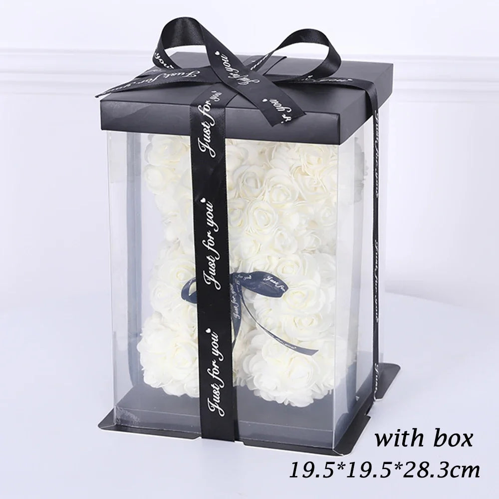 25cm Artificial Teddy Rose Flower Bear with Box Romantic Valentines Day Gift Girlfriend Women Mother Birthday Wedding Party Deco