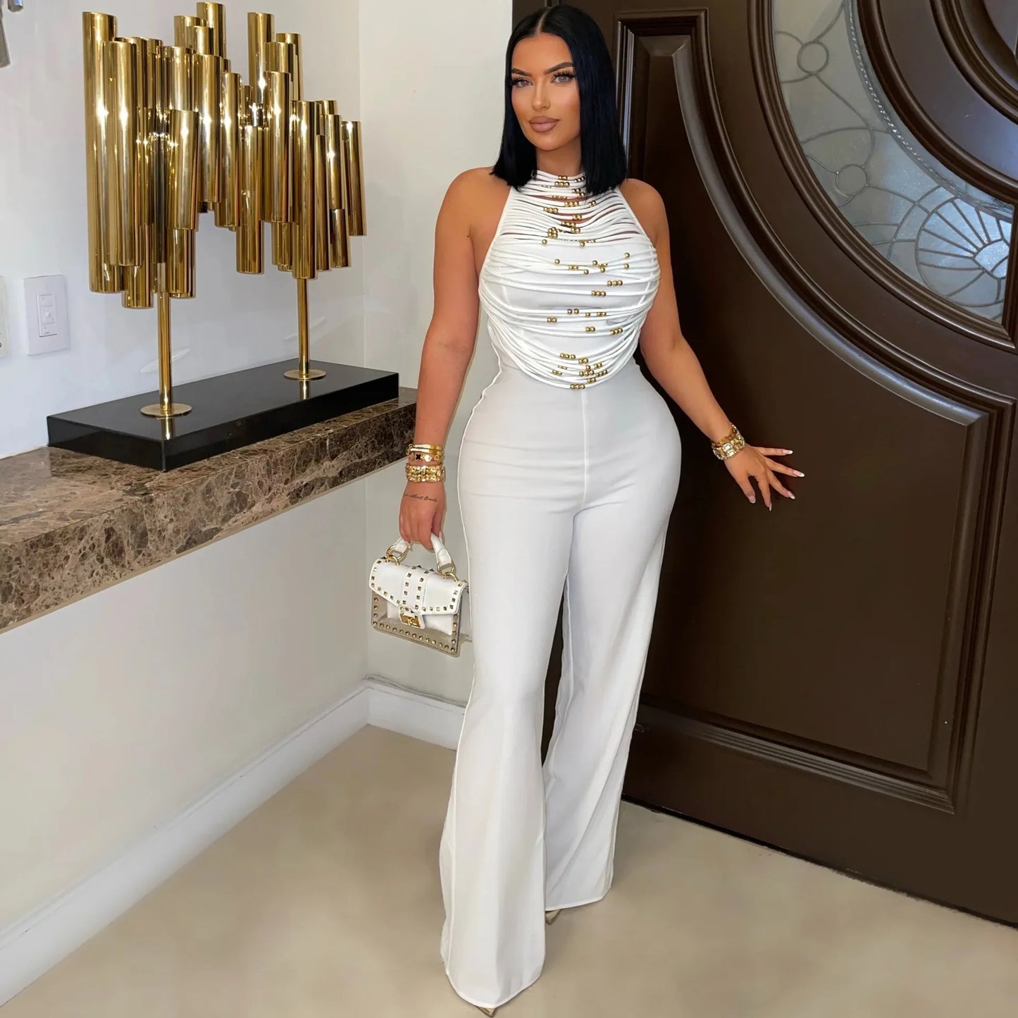 HLJ Elegant Beaded Patchwork Bodycon Jumpsuits Woman Sleeveless Backless Flare Pants One Piece Romper Female Streetwear Overalls