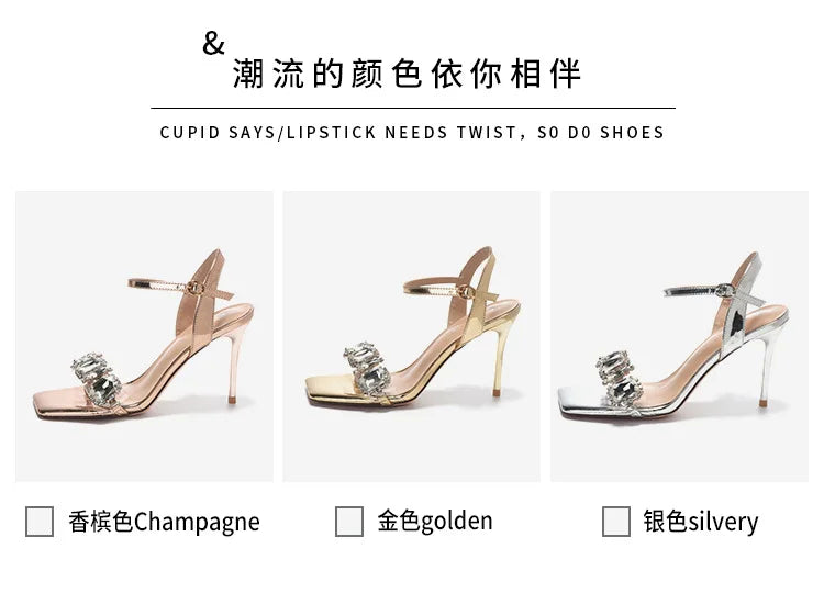 Summer One-word Rhinestone Square Head Sandals Women's Stiletto Open-toed Crystal Gemstone High Heels