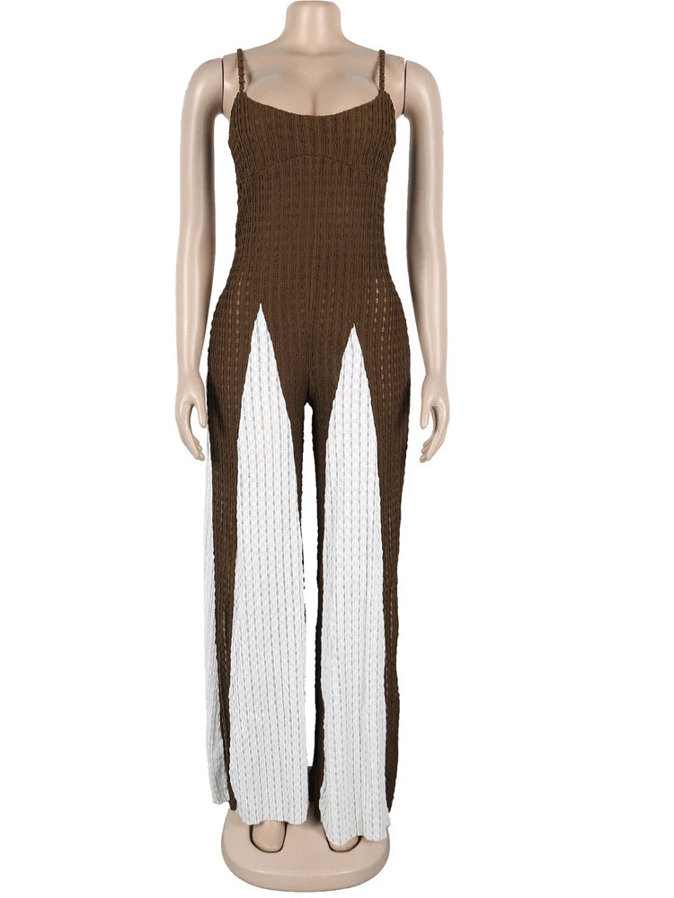 Beyprern Women's Patchwork Spaghetti Straps Knitted Wide Legs Jumpsuits One Piece Outfits Night Clubwear Female Workout Overalls