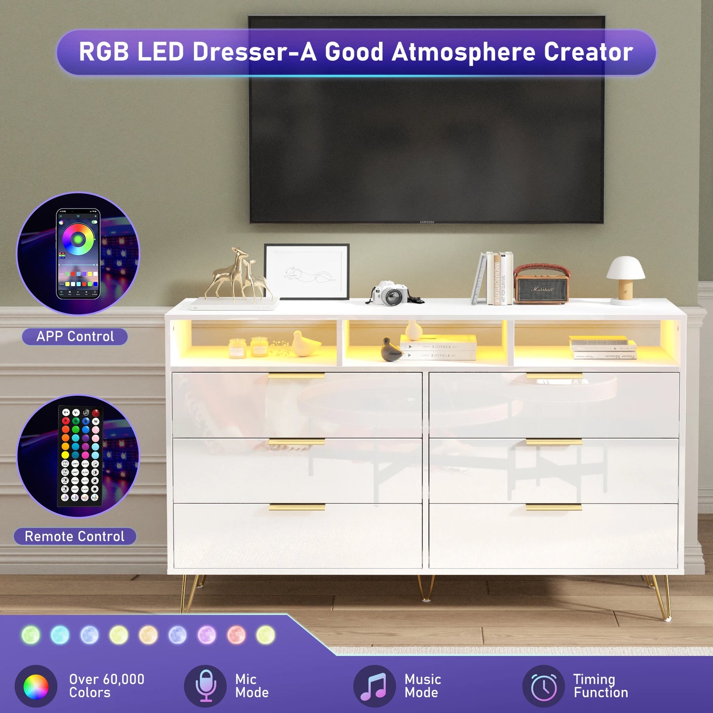 6 Drawers Dresser for Bedroom with LED Lights, High Gloss Chest of Drawers with Metal Legs, Modern Wood Closet Storage Organizer