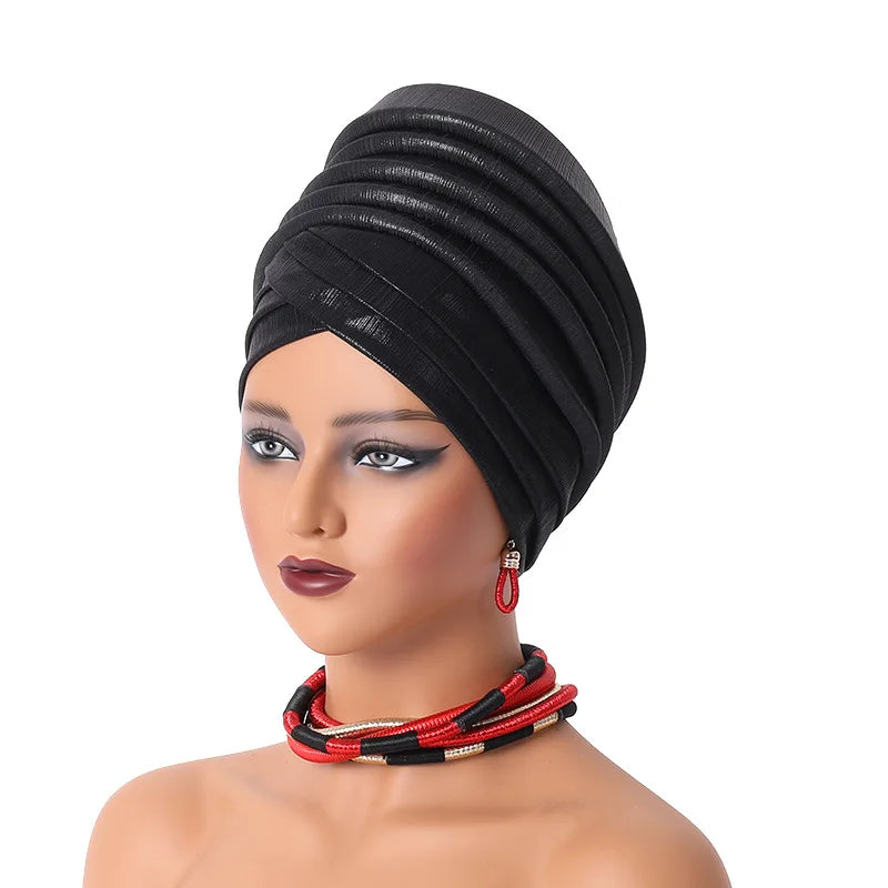 African Women's Auto Gele Headtie Nigeria Lady Pleated Head Wraps Muslim Headscarf Bonnet Turbante Mujer
