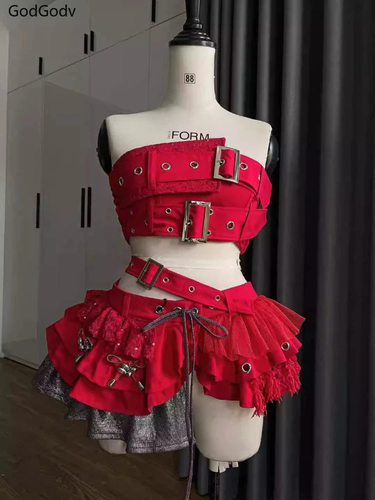 Punk Style Vintage Woman 2 Piece Sets Y2k Design Strapless Crop Tops + High Waist Ruffle Skirt Female Party Korea Style Outfits