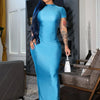 Hugcitar Pure Color O Neck Short Sleeve Slit Sexy Bodycon Slim Maxi Prom Dress 2024 Summer Women Elegant Party Festival Clothes