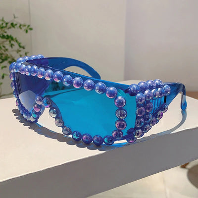 KAMMPT Women Chic Pearls Warp Around Sun Glasses Stylish Candy Color Decor Shades Original Brand Design Travel Holiday Goggle