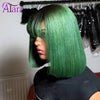 180 Density Forest Green with Roots Short Straight Bob Wig Transparent 13x4 Lace Frontal Bob Human Hair Wig with Bangs Pre Pluck