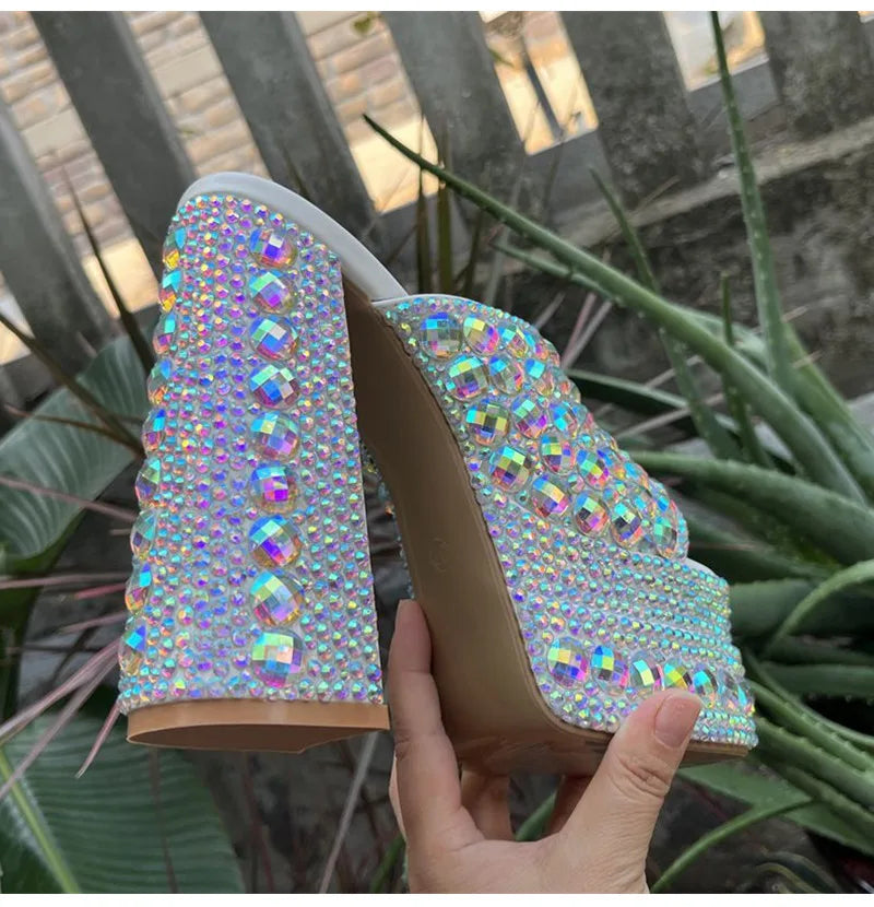 Luxury Handmade Full Rhinestones Platform Wedges Women Slippers Sandals Fashion Summer High heels Mules Slides Chunky Shoes
