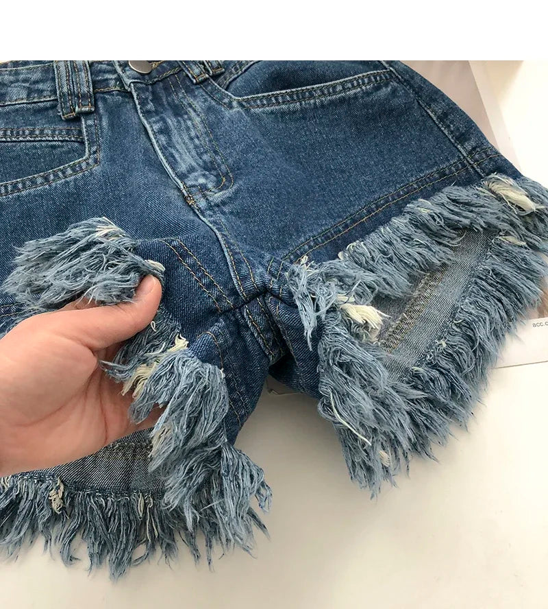 ITOOLIN Women Vintage Tassels Denim Shorts Button Loose High Waist A-line Jean Shorts Casual Women Office Trousers Streetwear