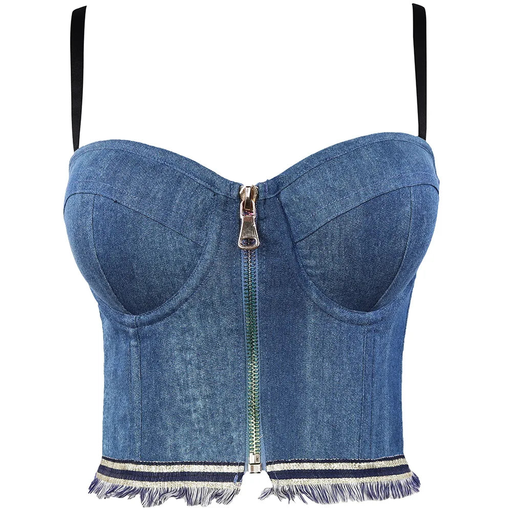 Irene Tinnie Sexy Cute Hole Cartoon Decoration Push Up Bustier Women's Denim Bralette Cropped Top Vest Plus Size