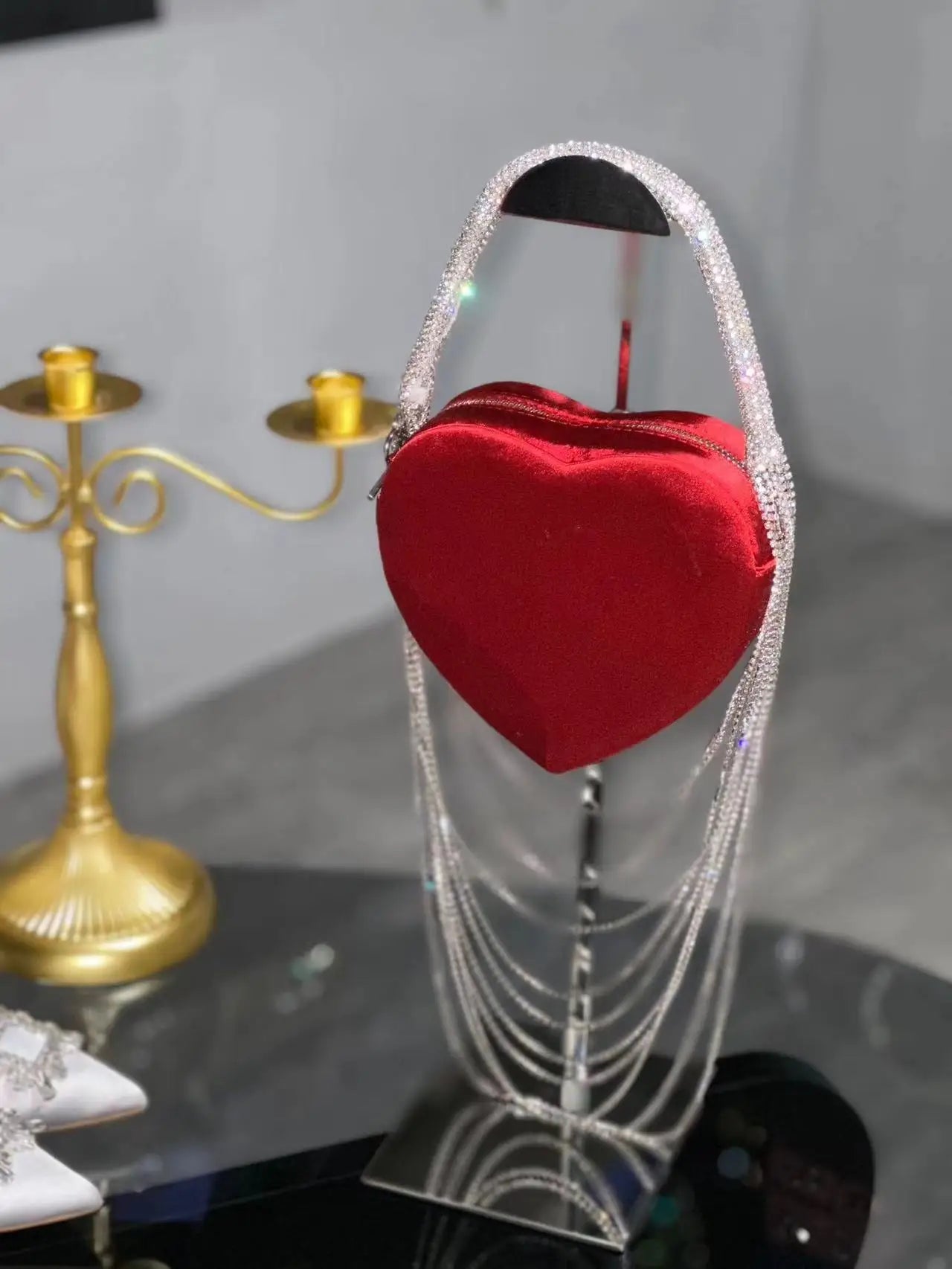 Bling Tassel Heart-shape Satin Bag Glitter Rhinestone Diamond Evening Bag Women Handbag Wedding Party Clutch Purse Crossbody Bag