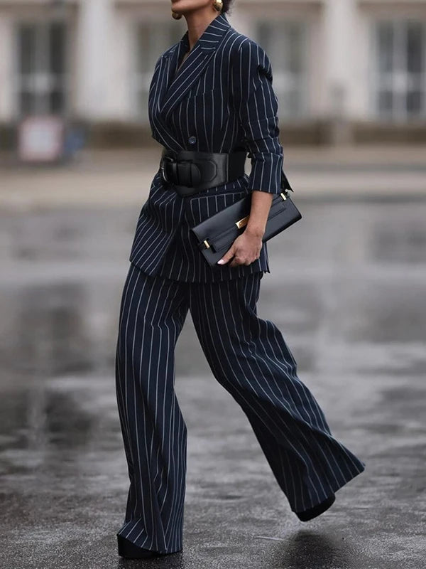 Modigirl 2025 New Blazers for Women Fall Spring Outerwear V-Neck Long Sleeves Striped Urban Ladies Clothing Jacket with Belt