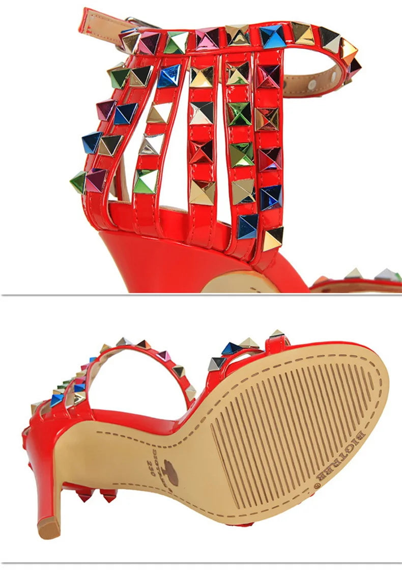 Summer Women Roman High Heels Rivets Studded Sandals Stiletto Gladiator Pumps Open Toe Luxury Shoes Hollow One-word Buckle 267-2