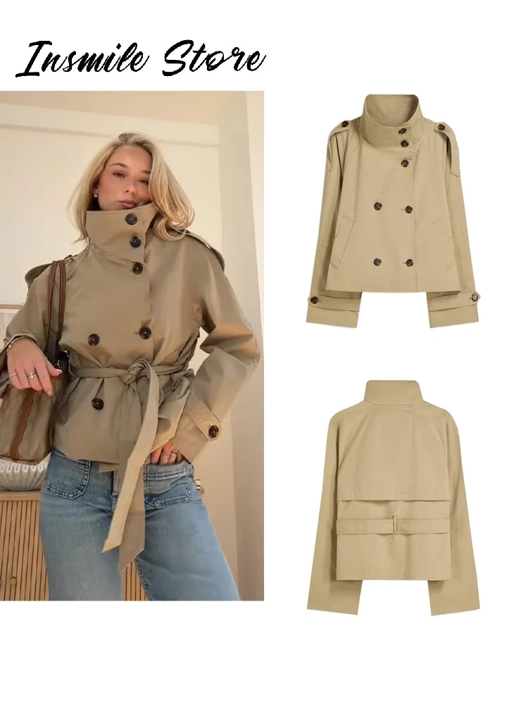 Fashion Belt Short Trench Coat Women Stand Collar Double Breasted Pocket Long Sleeve Coats 2025 Autumn Lady Commute Chic Outwear