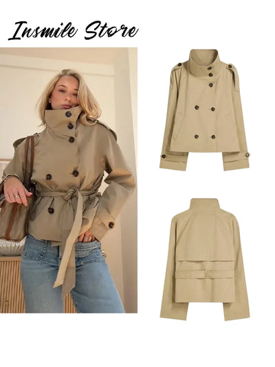 Fashion Belt Short Trench Coat Women Stand Collar Double Breasted Pocket Long Sleeve Coats 2025 Autumn Lady Commute Chic Outwear