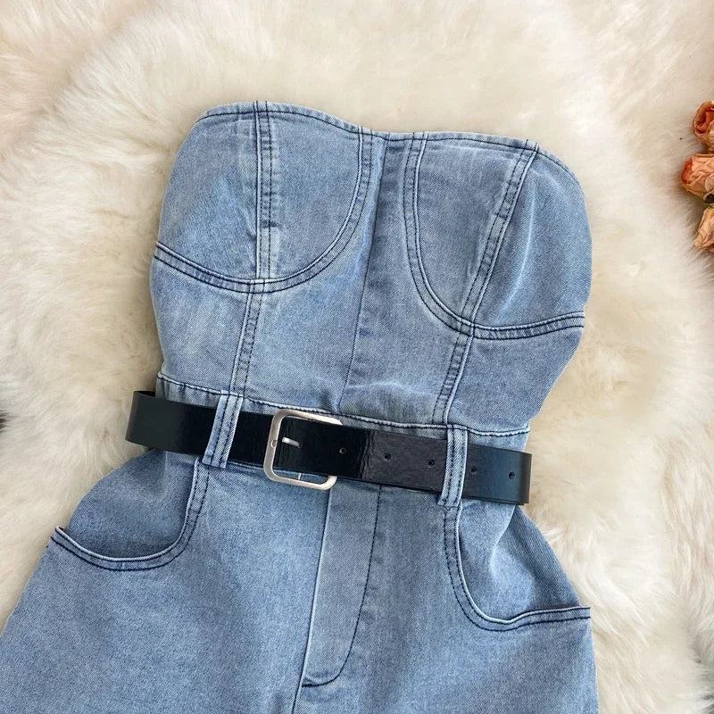 2024 Summer Rompers Women Jeans Jumpsuit Off Shoulder Loose Casual Denim Rompers Womens Jumpsuits Wide Leg Casual Denim Overalls