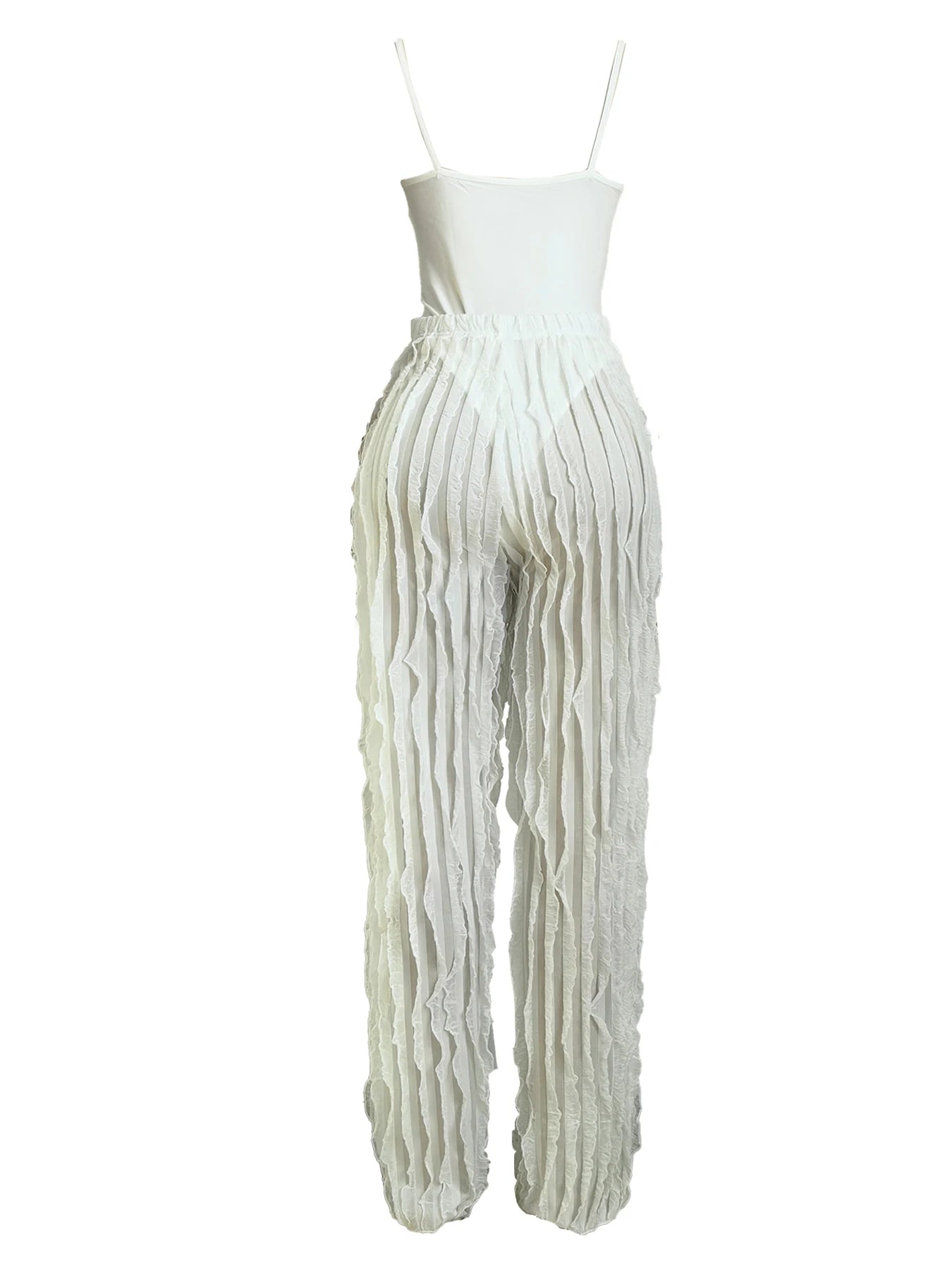 Women's Solid Backless Cami Bodysuit & Elastic Waist Frilled Pants Set, Fashion Casual V Neck Spaghetti Strap Bodysuit & Straigh
