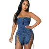 Rompers Women One Piece Elegant Splice Denim Jumpsuits Sexy Slim Fit Strapless Sleeveless Short Pants Sheath Playsuits