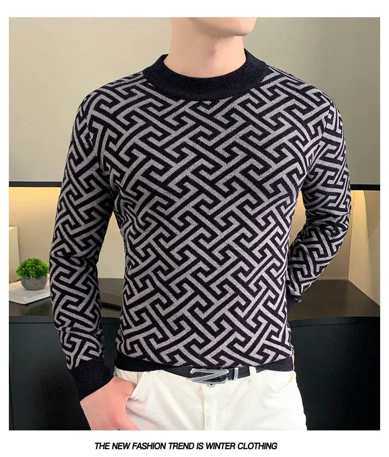Autumn Winter Velvet Knitted Sweater Men's Long Sleeve Round Necked Sweater Slim Fit Casual Business Knitwear Tops Men Clothing