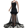 New Black Mesh See Though Flower Ruched Luxury Rhinestone Wedding Evening Mermaid Long Dress Women Strap Cocktail Birthday Robe