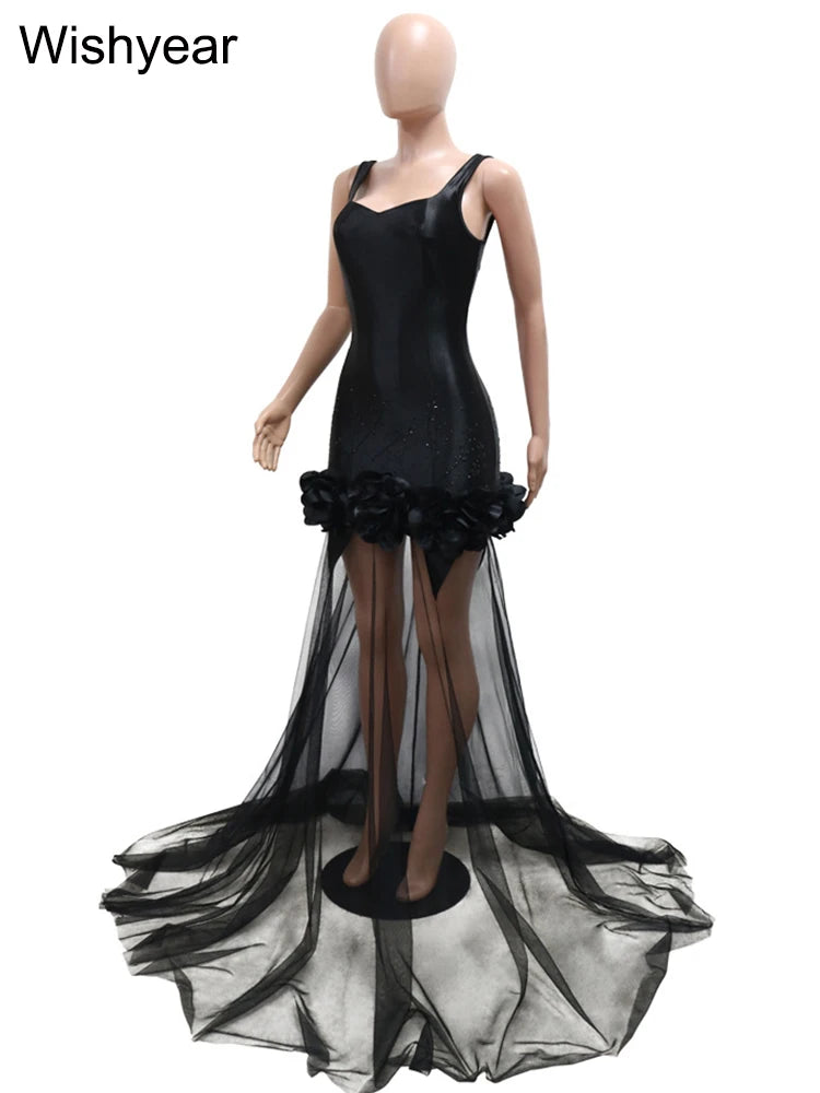 New Black Mesh See Though Flower Ruched Luxury Rhinestone Wedding Evening Mermaid Long Dress Women Strap Cocktail Birthday Robe