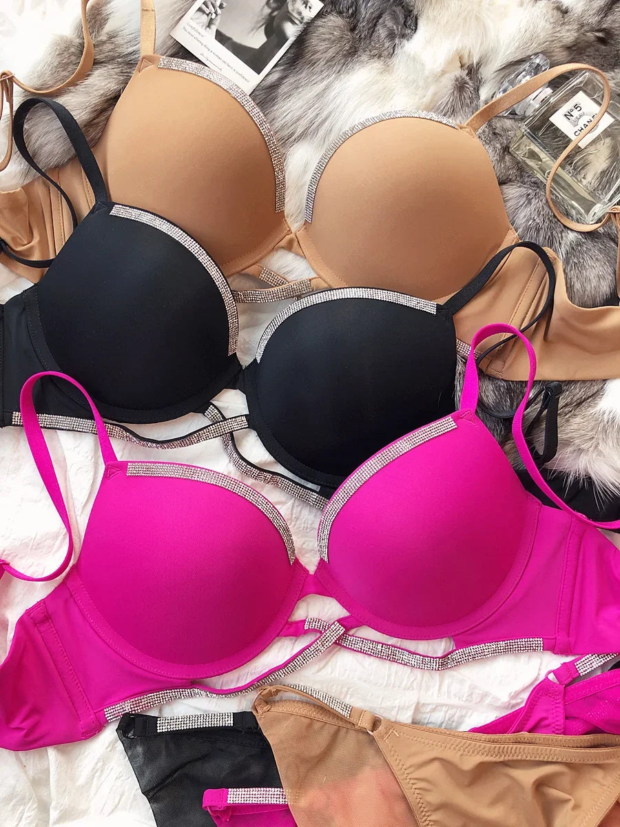 2 Pieces Sexy Underwear Set for Women Classic Cross Hollow Bra Sparkle Rhinestones Lingerie Deep V Push Up Brassiere Set