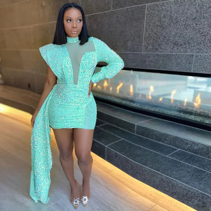 Autumn and Winter Women's Clothing Semi-turtleneck Mesh Beads Tight Hip-wrapped Sexy Evening Dress