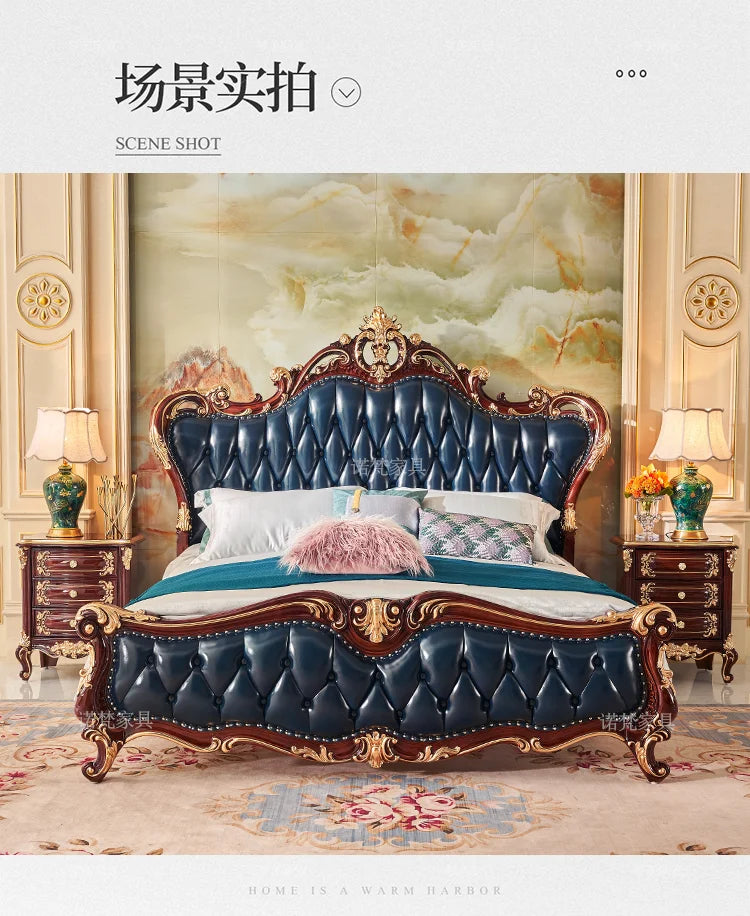 Nordic Luxury Aesthetic Bed Queen Size Cheap Cute Salon Bedroom King Bed Modern Wood Leather Camas Matrimonial Room Furniture
