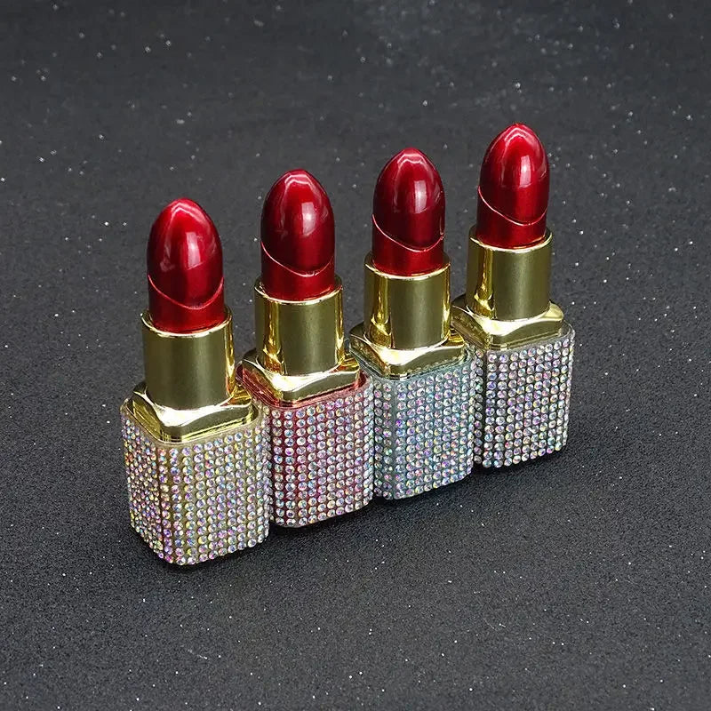 Luxury Diamond Lipstick Inflatable Lighter Mini Butane Pink Water Diamond Portable Lighter High End Women's Smoking Gift