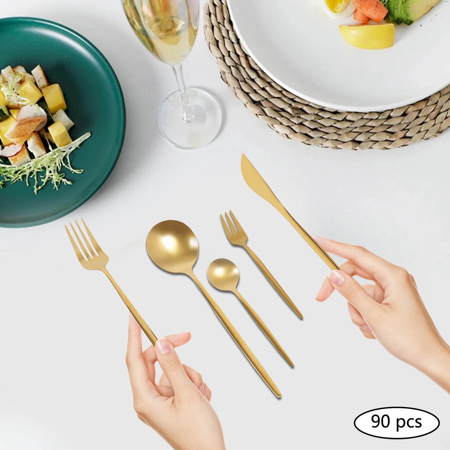 24Pcs/90Pcs Flatware Set Stainless Steel Silverware Utensil Kitchen Tableware Forks Knives Spoons Cutlery for Home Restaurant
