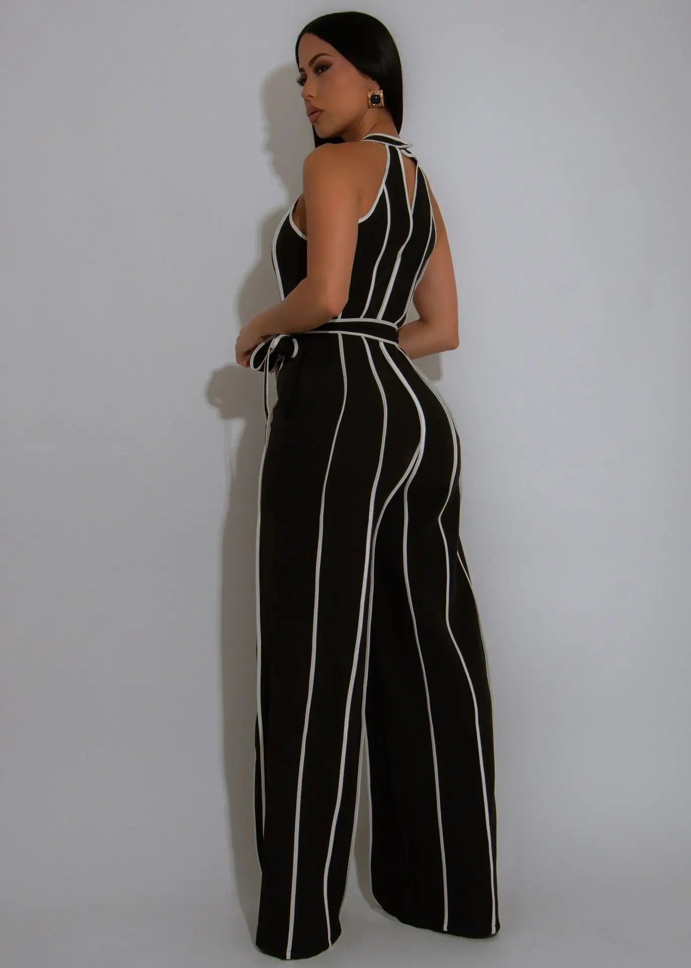 HLJ Elegant Stripe Patchwork Jumpsuits Women Halter Sleeveless Bow Belted Wide Legs Rompers Female Night Clubwear Overalls New