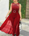 2025 Summer Women's Sexy Round Neck Rhinestone Sheer Mesh Sleeveless Jumpsuit with Belt New Fashion Rompers Womens Jumpsuit