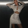 New Sexy Gloves Long Sleeves Cutout Pleated Draped Mini Dress Women Red/White Lace Floral Bodycon Dresses Party Cocktail Club