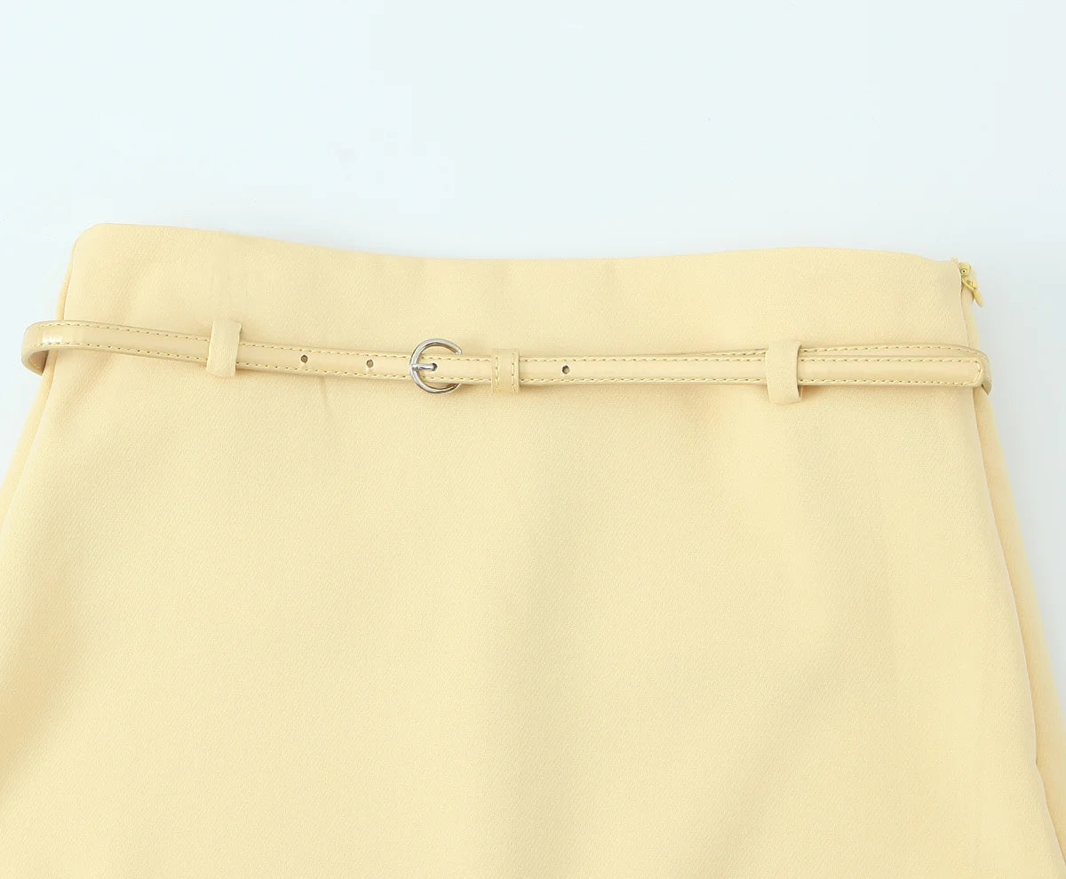 TRAFZA Women Fashion Suit Yellow V-Neck Sleeveless Belt Sngle Breasted Tops+High Waist Pocket Belt Long Skirts Female Summer Set