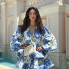 Women Tie-dye 3d Flower Deep V Neck Flare Sleeve Mini Dresses Fashion Slim Printed Multiple Pleat Vestidos New Lady Holiday Wear