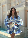 Women Tie-dye 3d Flower Deep V Neck Flare Sleeve Mini Dresses Fashion Slim Printed Multiple Pleat Vestidos New Lady Holiday Wear