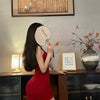 Summer Sexy High Neck Tight Dress Oversleeve Pleated Bottom Wrapped Hip Dress Women Bodycon