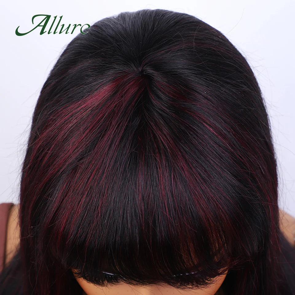 Brazilian Straight Human Hair Wigs for Women Ombre Glueless Wig With Bangs 180% Density Burgundy Colored Hair Long Wigs Allure